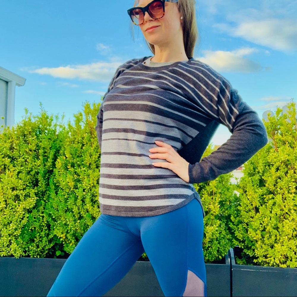 French Connection Horizon Striped Drop Shoulder Raw Seam Oversized Gray Sweater